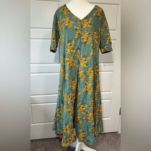 Bohemian Floral‎ Print Maxi Dress Green Yellow Button Front Bohemian Style Small